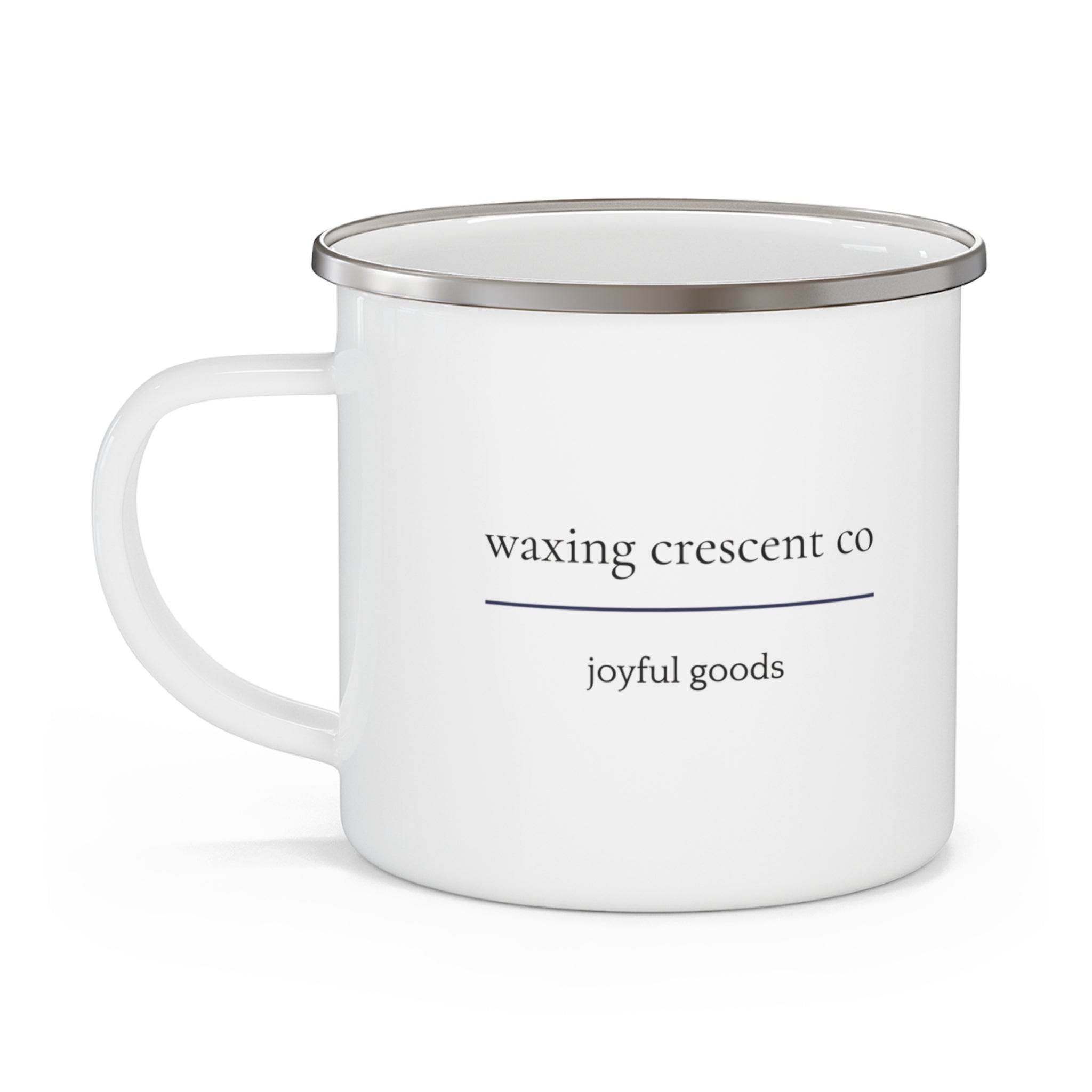 Waxing Crescent Co Enamel  Mug — Rustic Logo Coffee Cup Deep Sky
