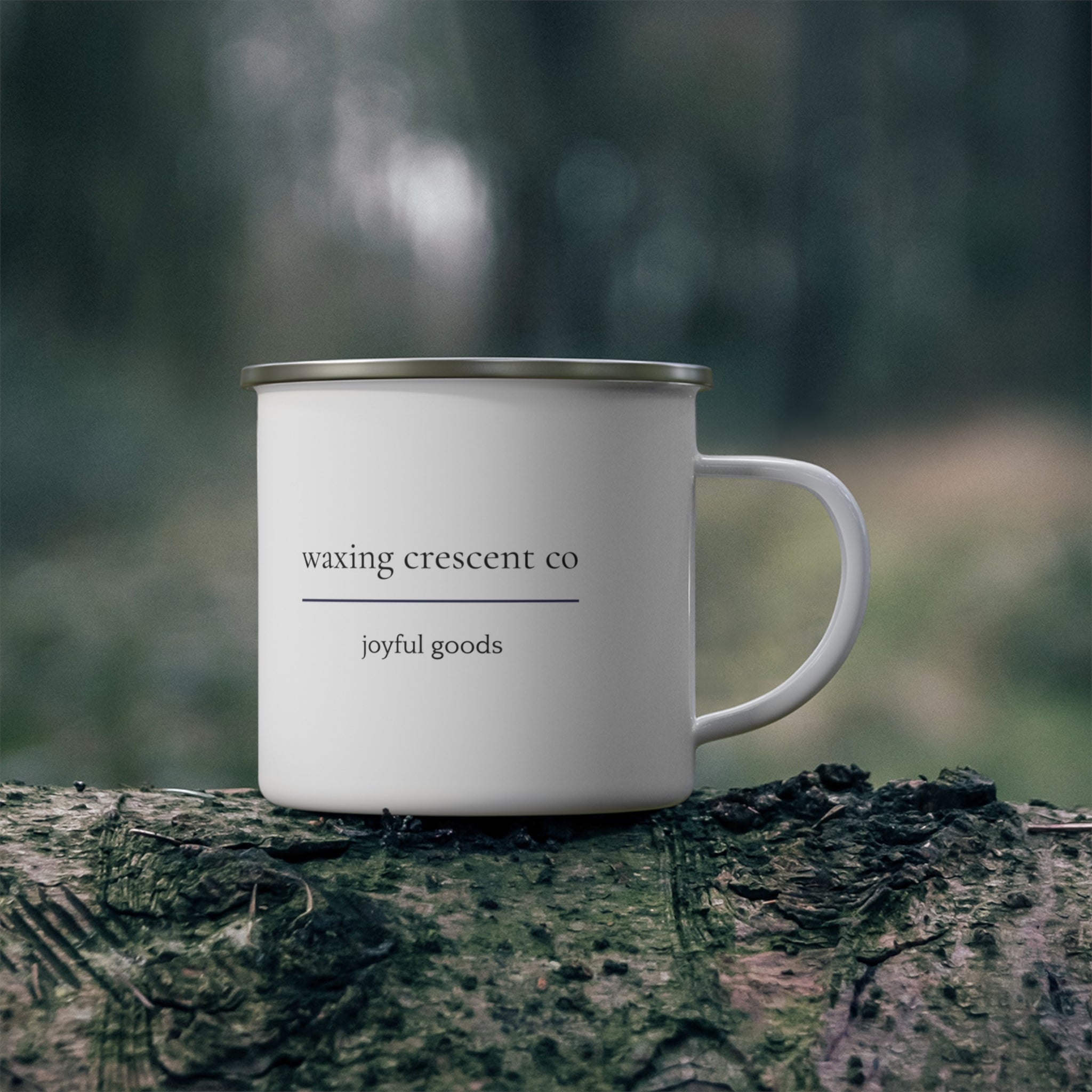 Waxing Crescent Co Enamel  Mug — Rustic Logo Coffee Cup Deep Sky