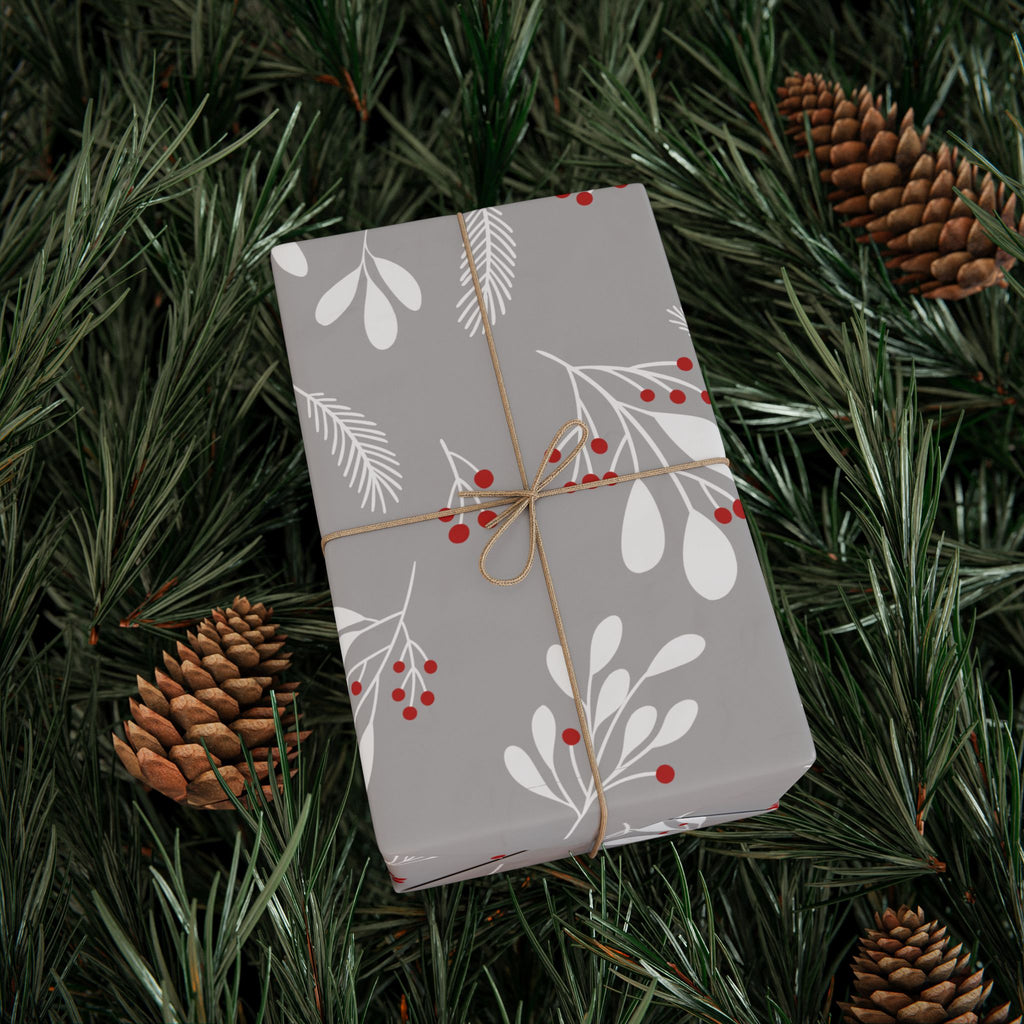 Holiday Gift Wrap:  Grey Holly Print
