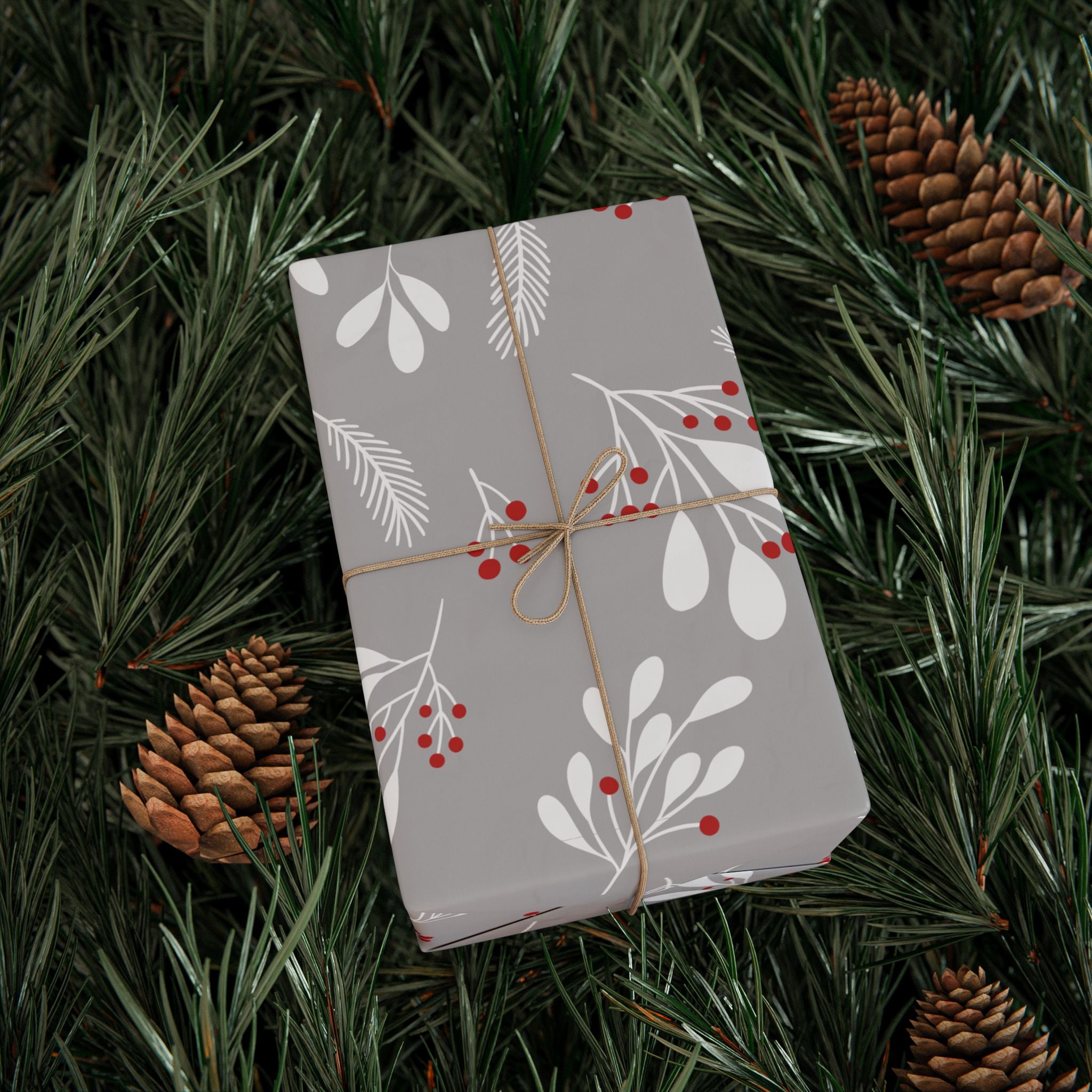 Holiday Gift Wrap:  Grey Holly Print