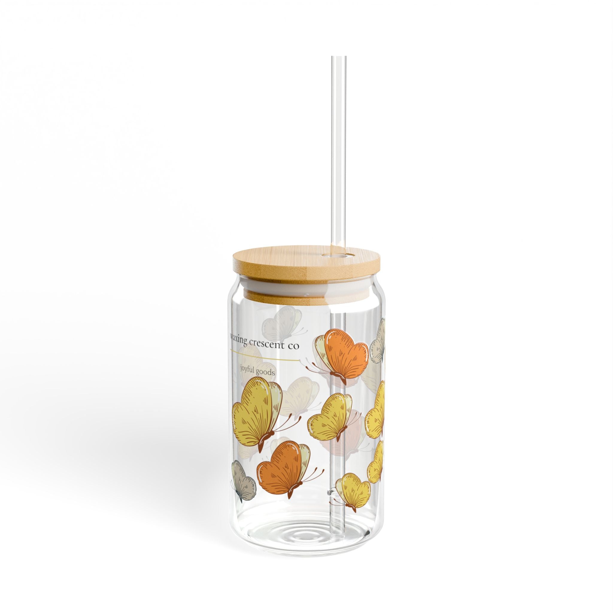 16oz Sipper Glass with Bamboo Lid & Straw [butterfly flutter]