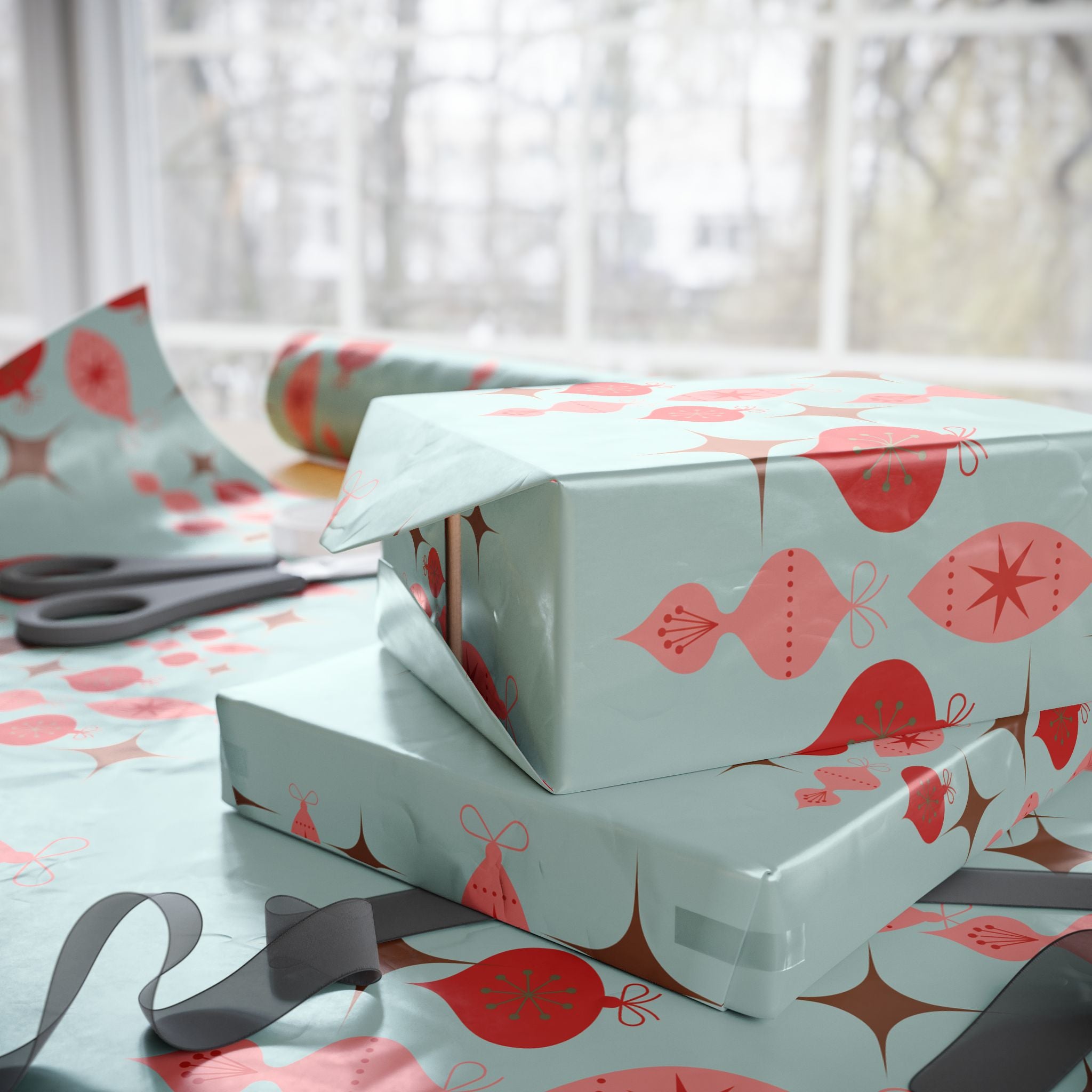 Holiday Gift Wrap:  Ornamental Print on Vintage Blue