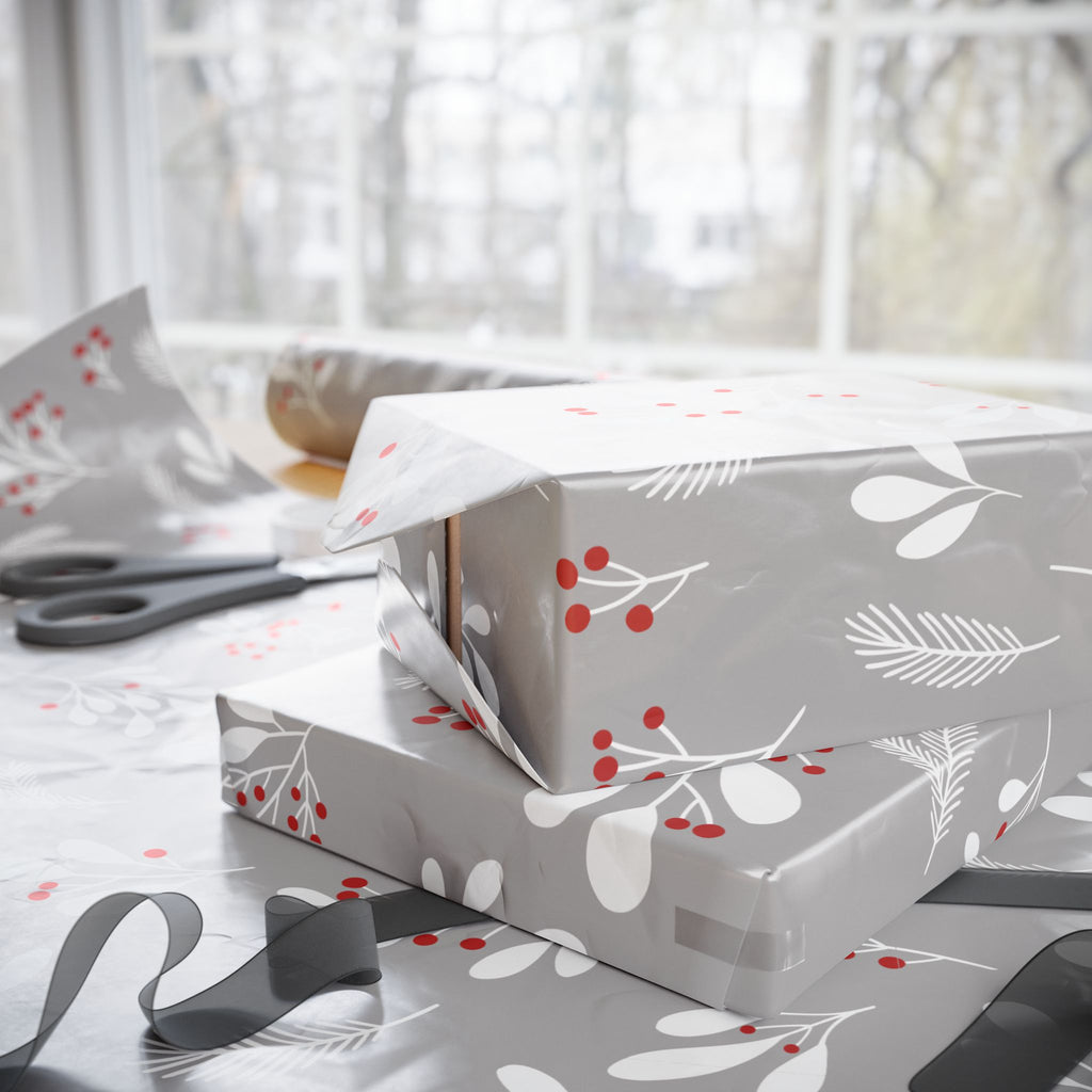 Holiday Gift Wrap:  Grey Holly Print