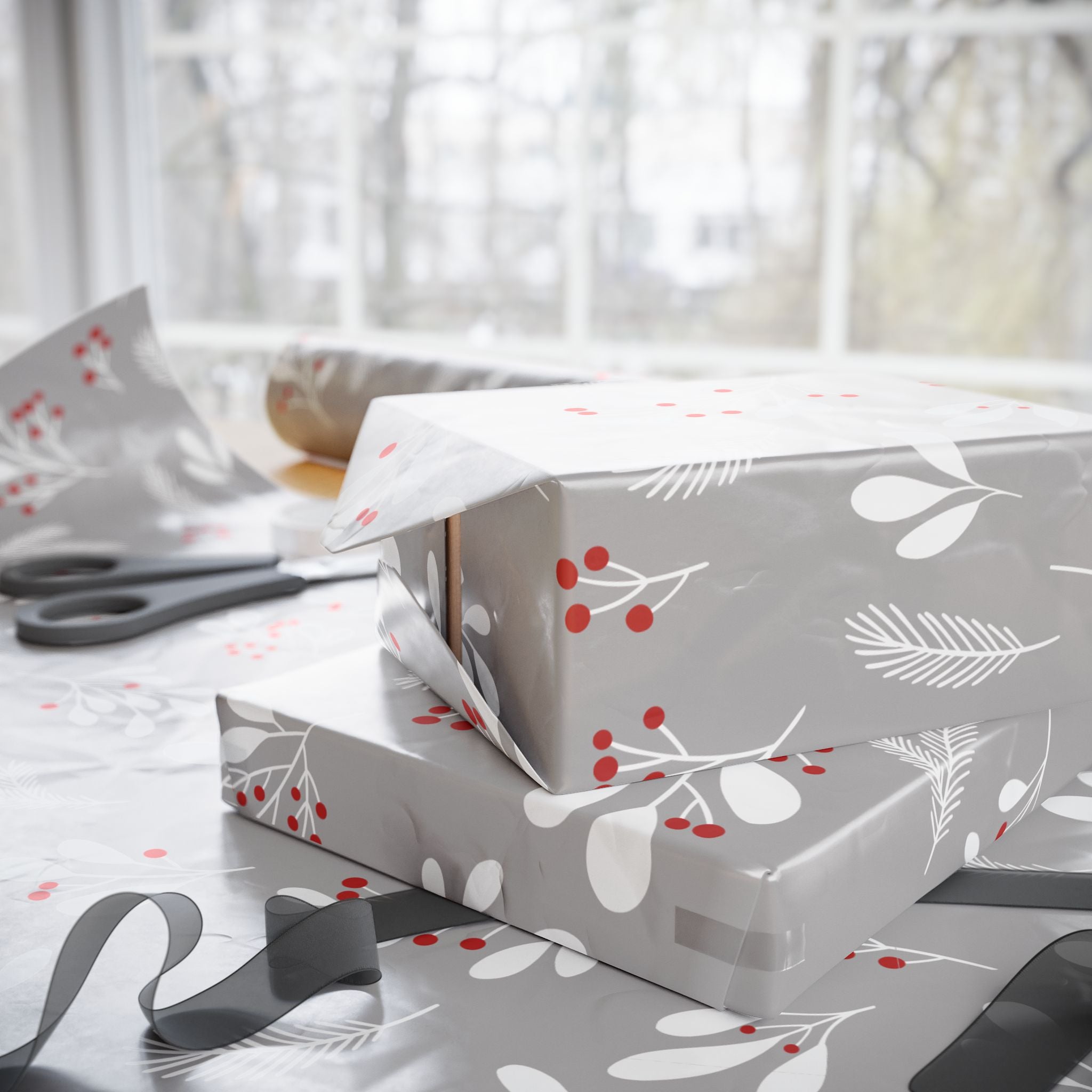 Holiday Gift Wrap:  Grey Holly Print