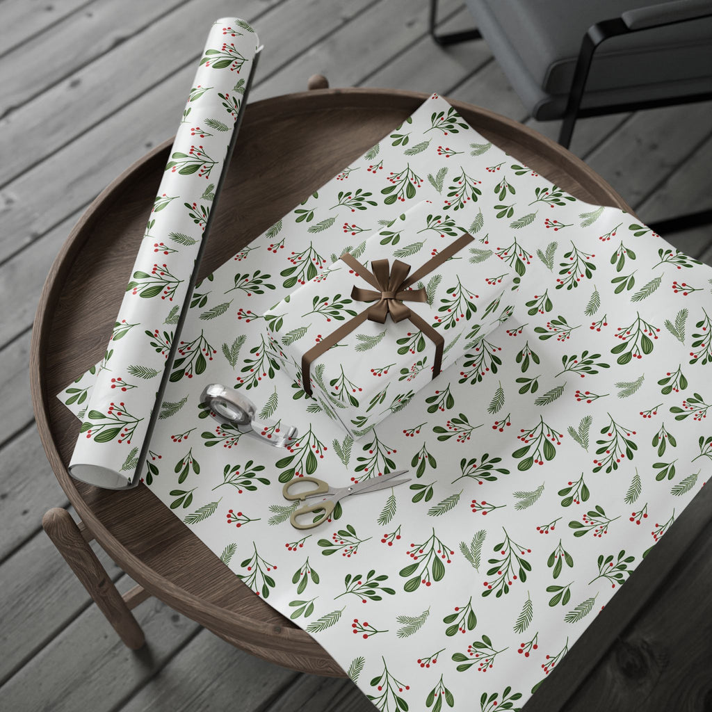 Holiday Gift Wrap:  Holly Print White