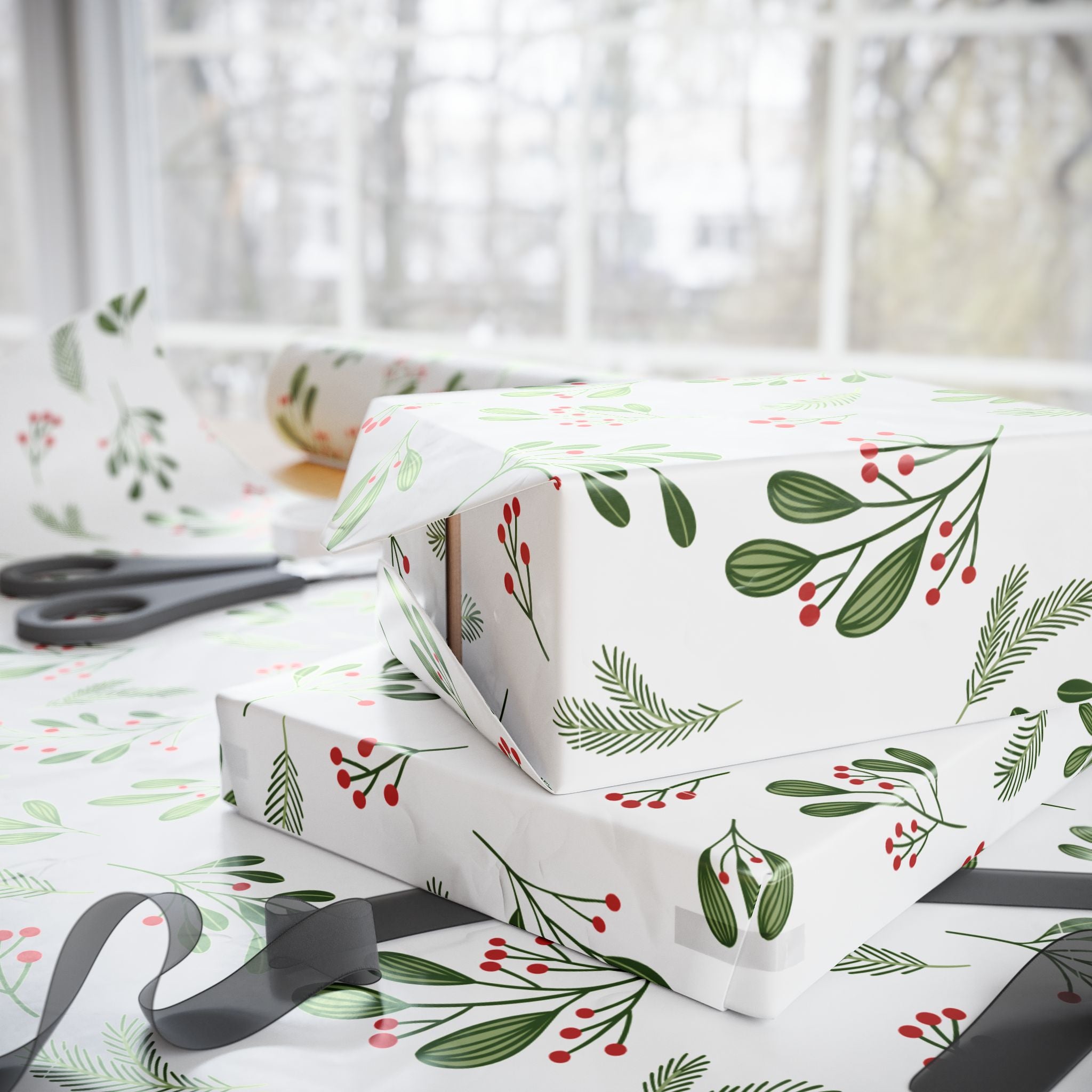 Holiday Gift Wrap:  Holly Print White