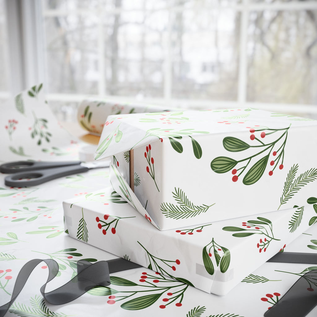 Holiday Gift Wrap:  Holly Print White