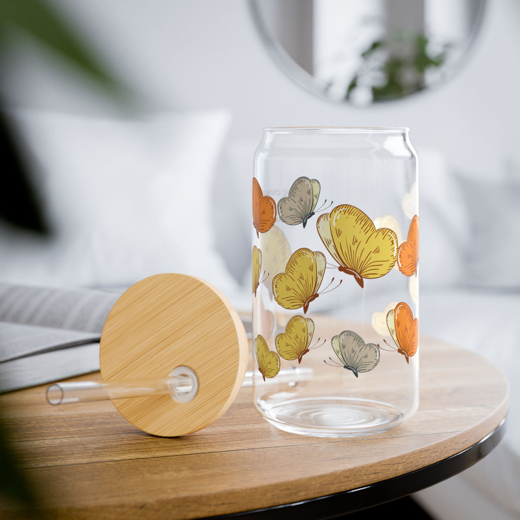 16oz Sipper Glass with Bamboo Lid & Straw [butterfly flutter]