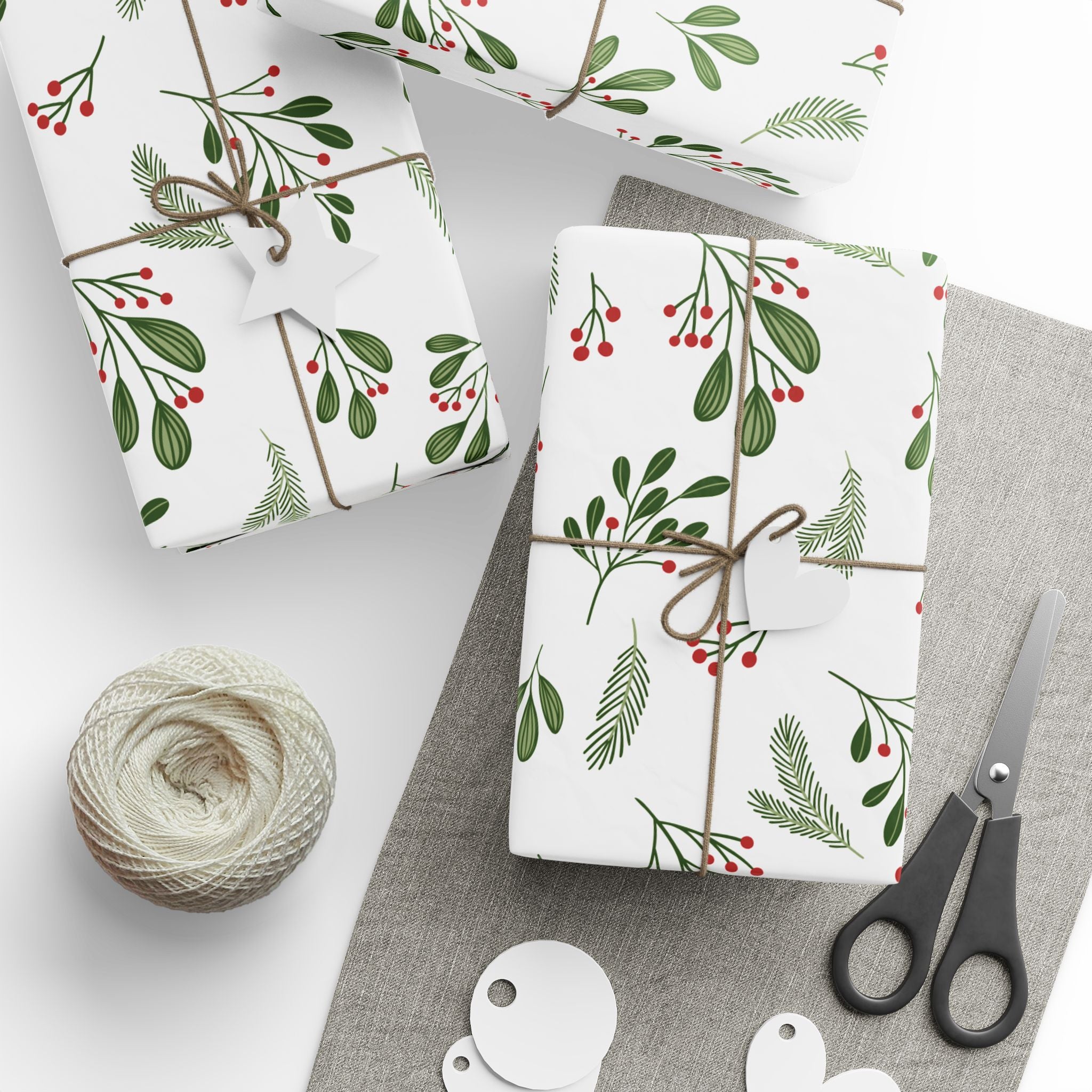 Holiday Gift Wrap:  Holly Print White