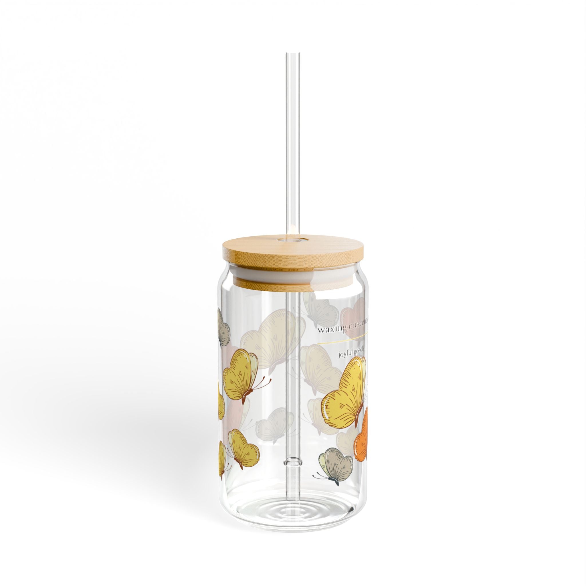 16oz Sipper Glass with Bamboo Lid & Straw [butterfly flutter]