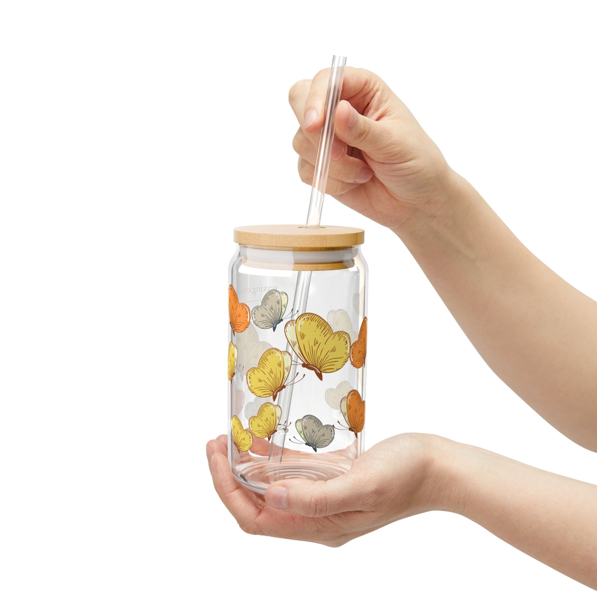 16oz Sipper Glass with Bamboo Lid & Straw [butterfly flutter]