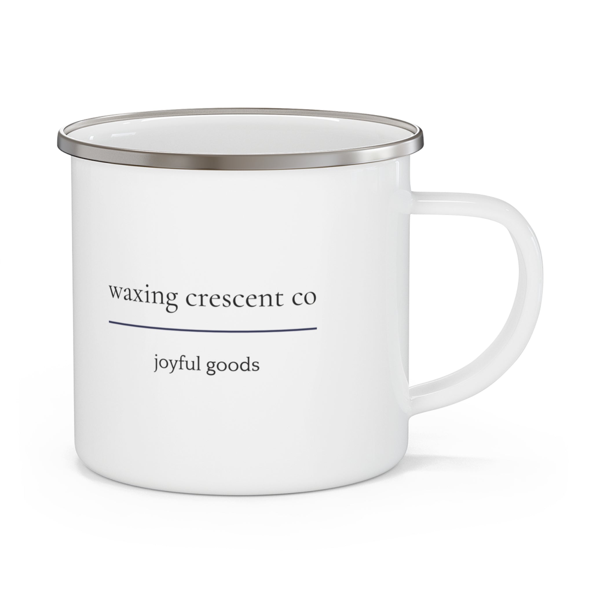 Waxing Crescent Co Enamel  Mug — Rustic Logo Coffee Cup Deep Sky