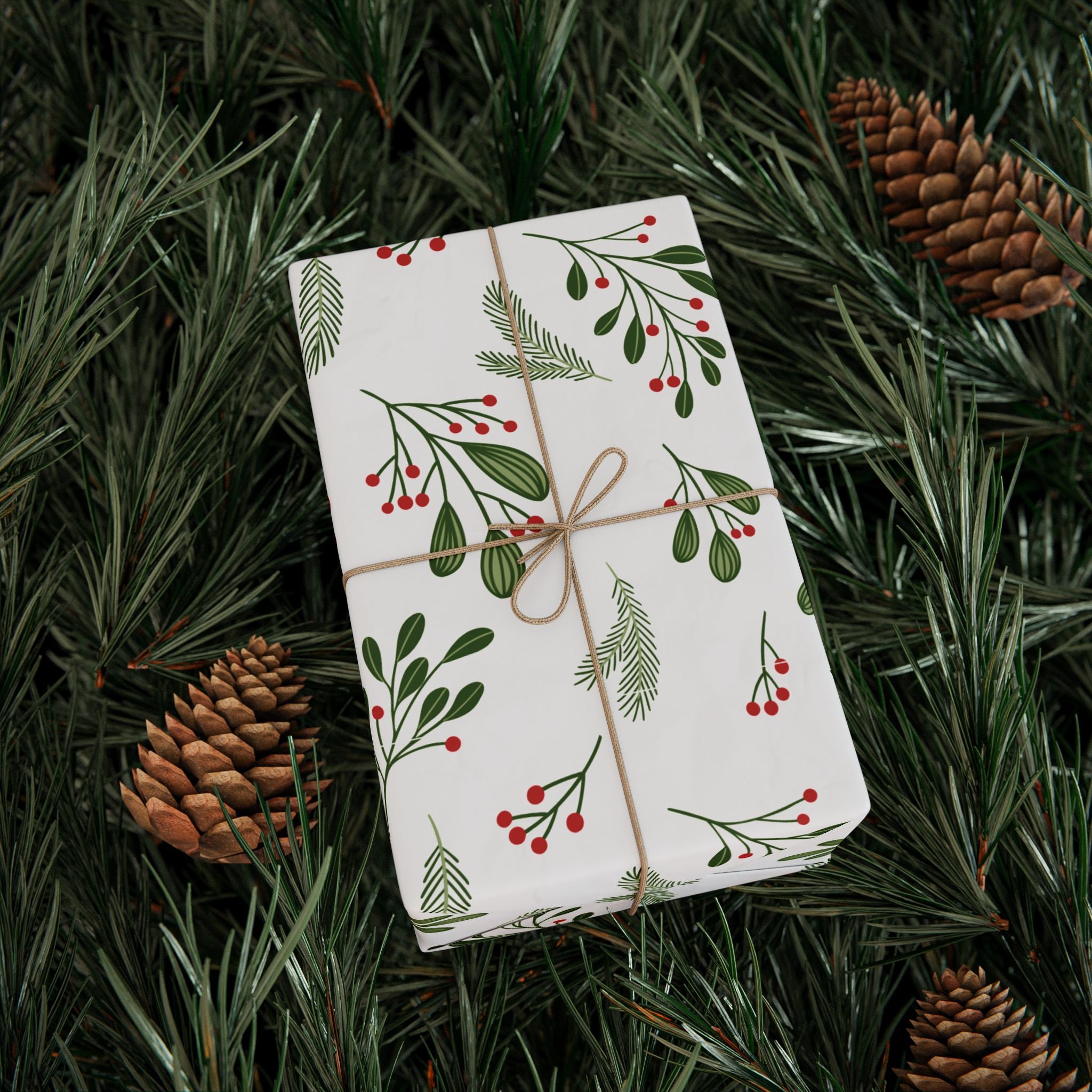 Holiday Gift Wrap:  Holly Print White
