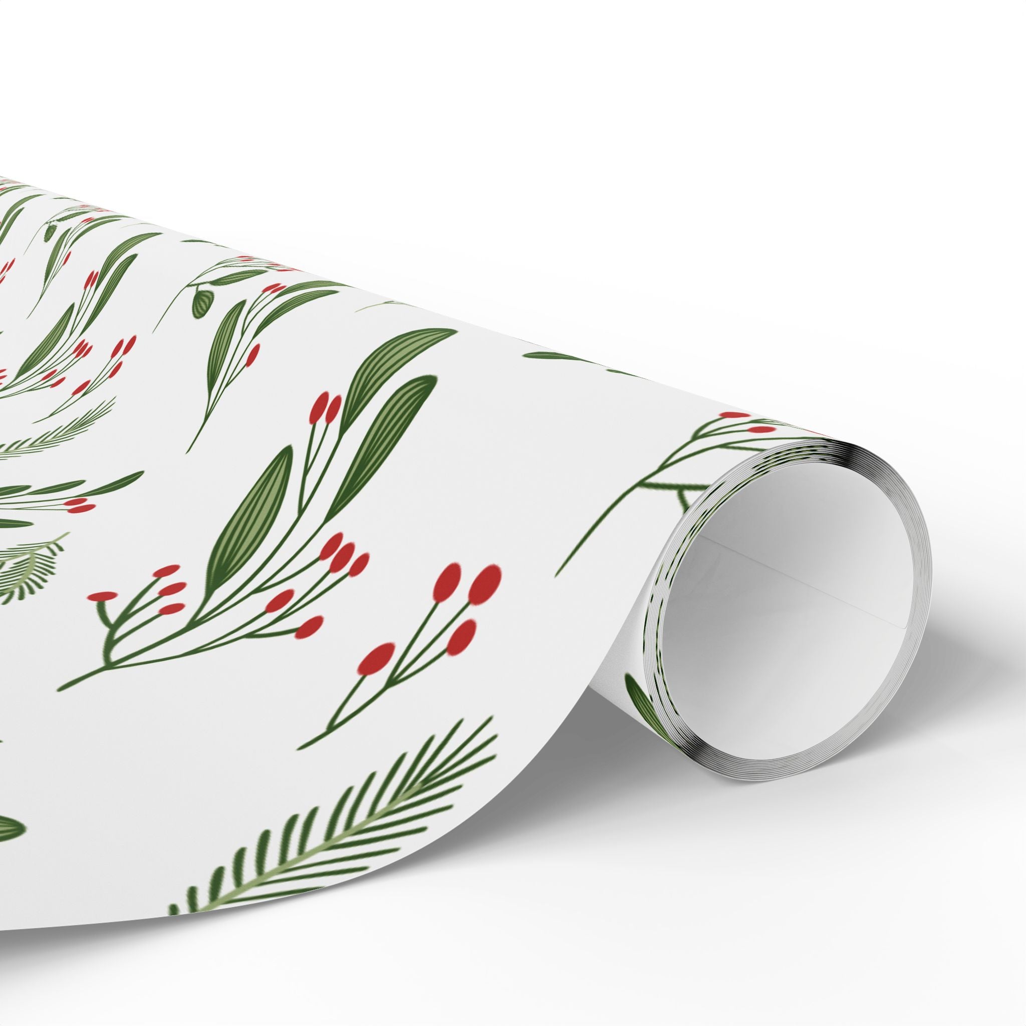 Holiday Gift Wrap:  Holly Print White