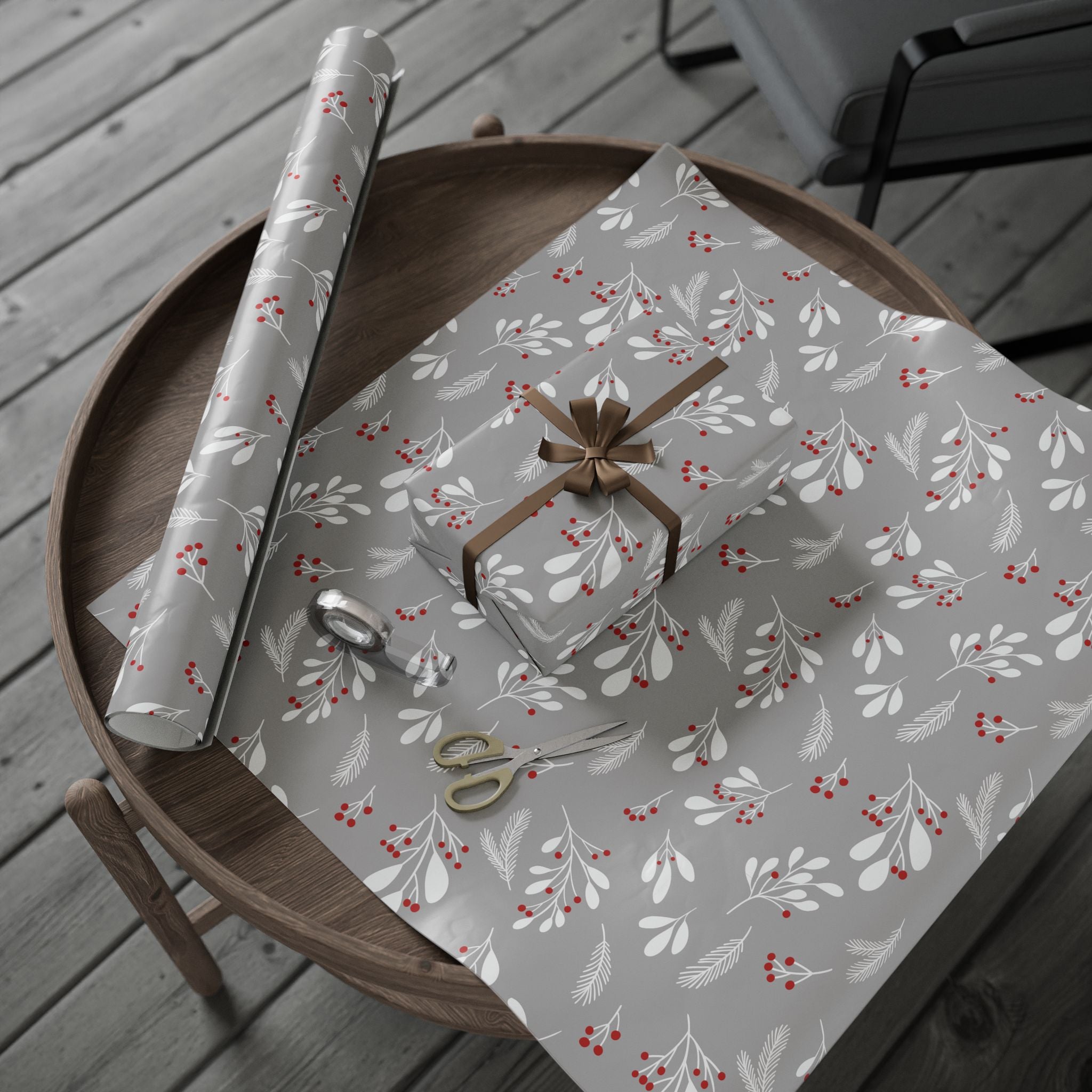 Holiday Gift Wrap:  Grey Holly Print