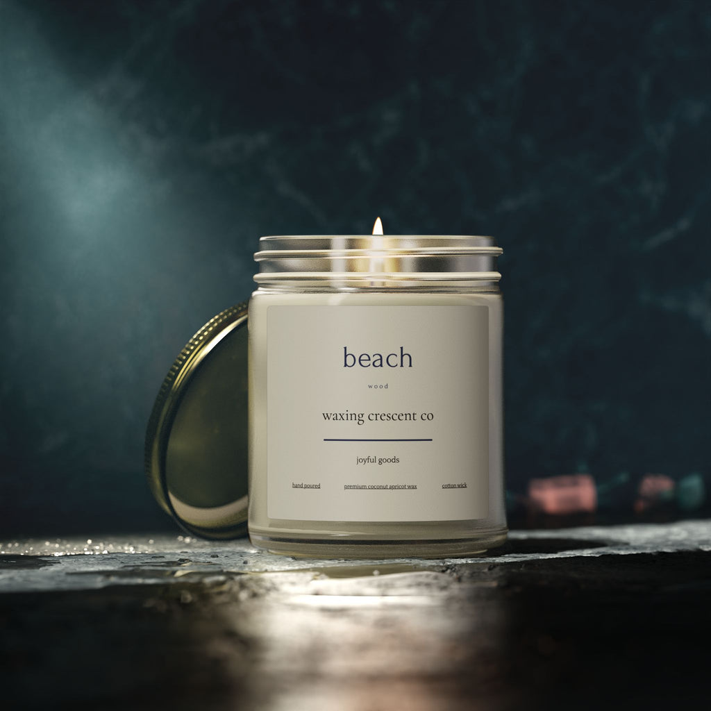 Premium Jarred Candle:  Beachwood Scented Clear Jar