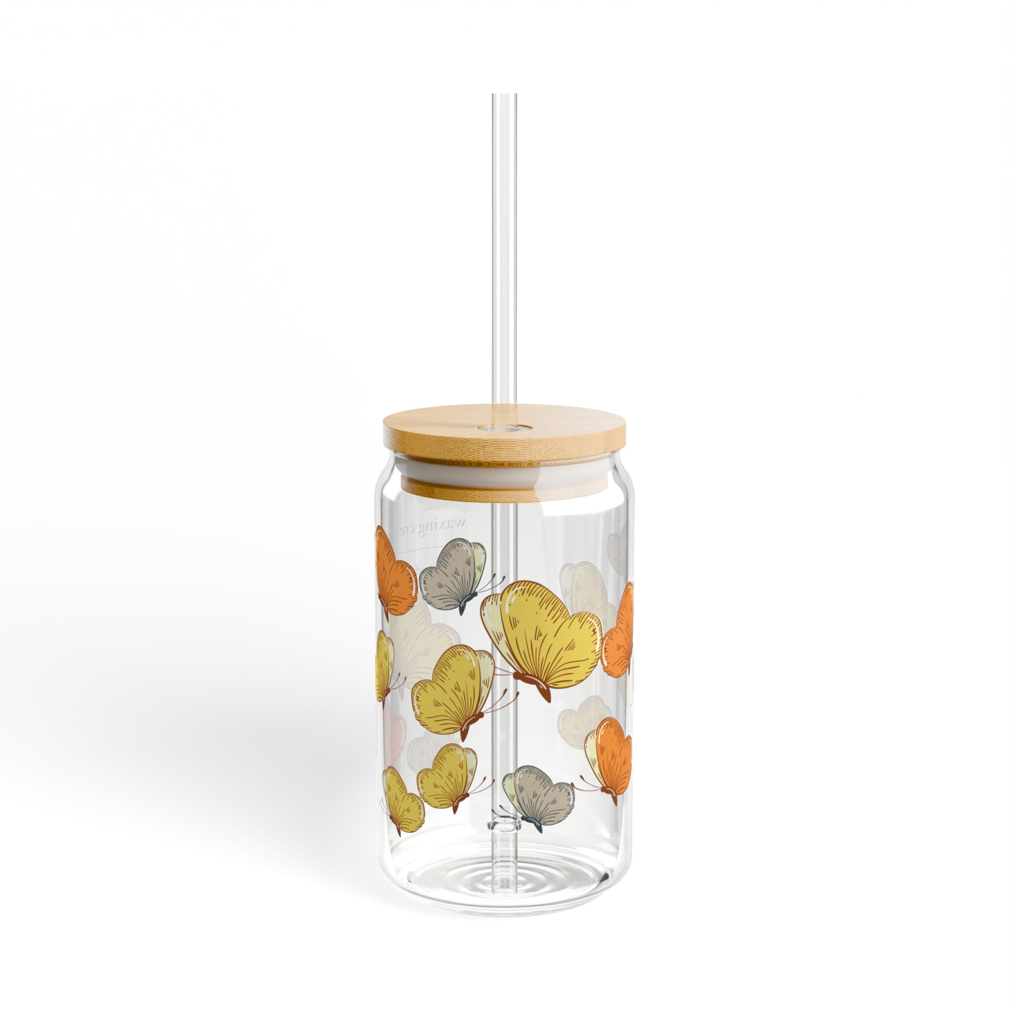16oz Sipper Glass with Bamboo Lid & Straw [butterfly flutter]