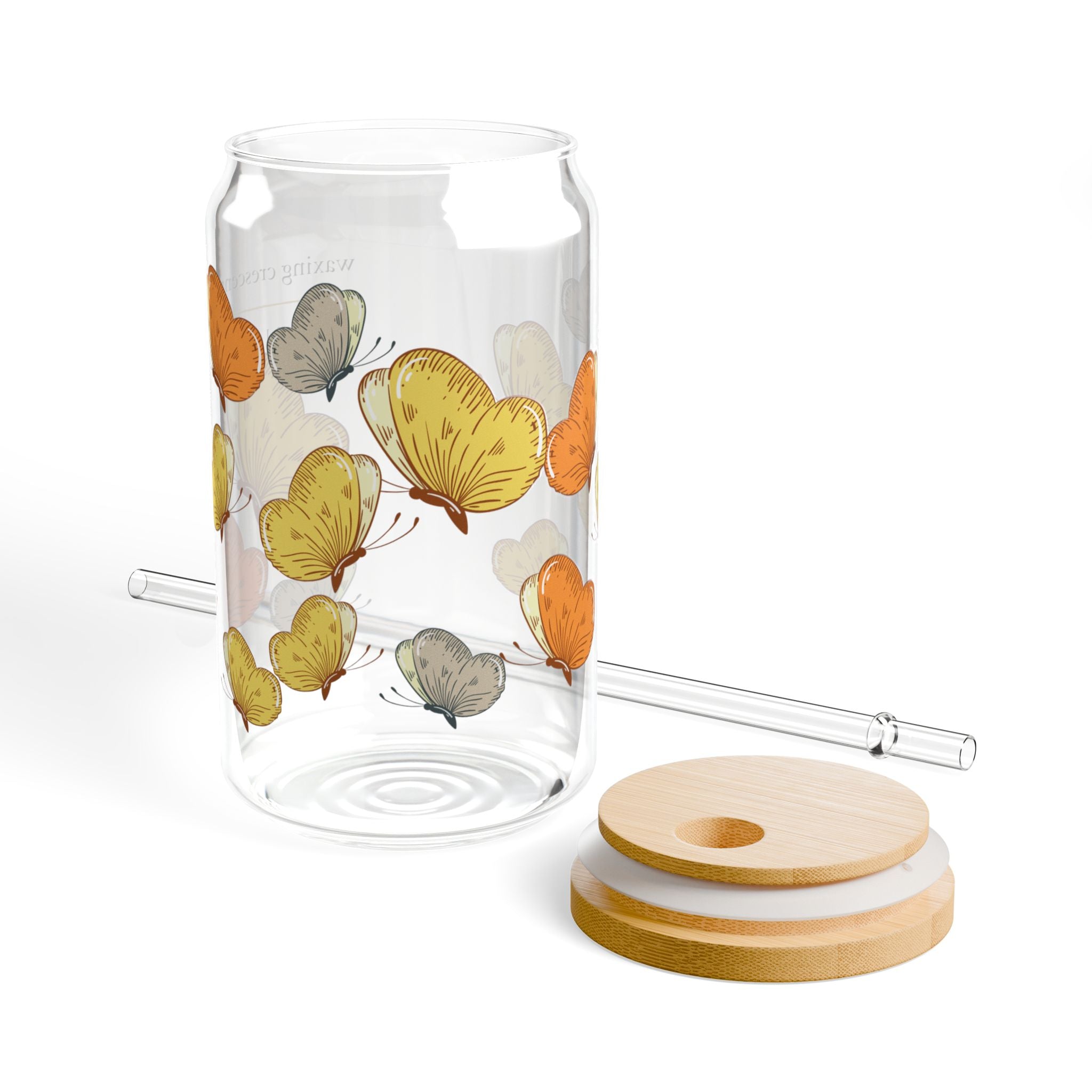 16oz Sipper Glass with Bamboo Lid & Straw [butterfly flutter]