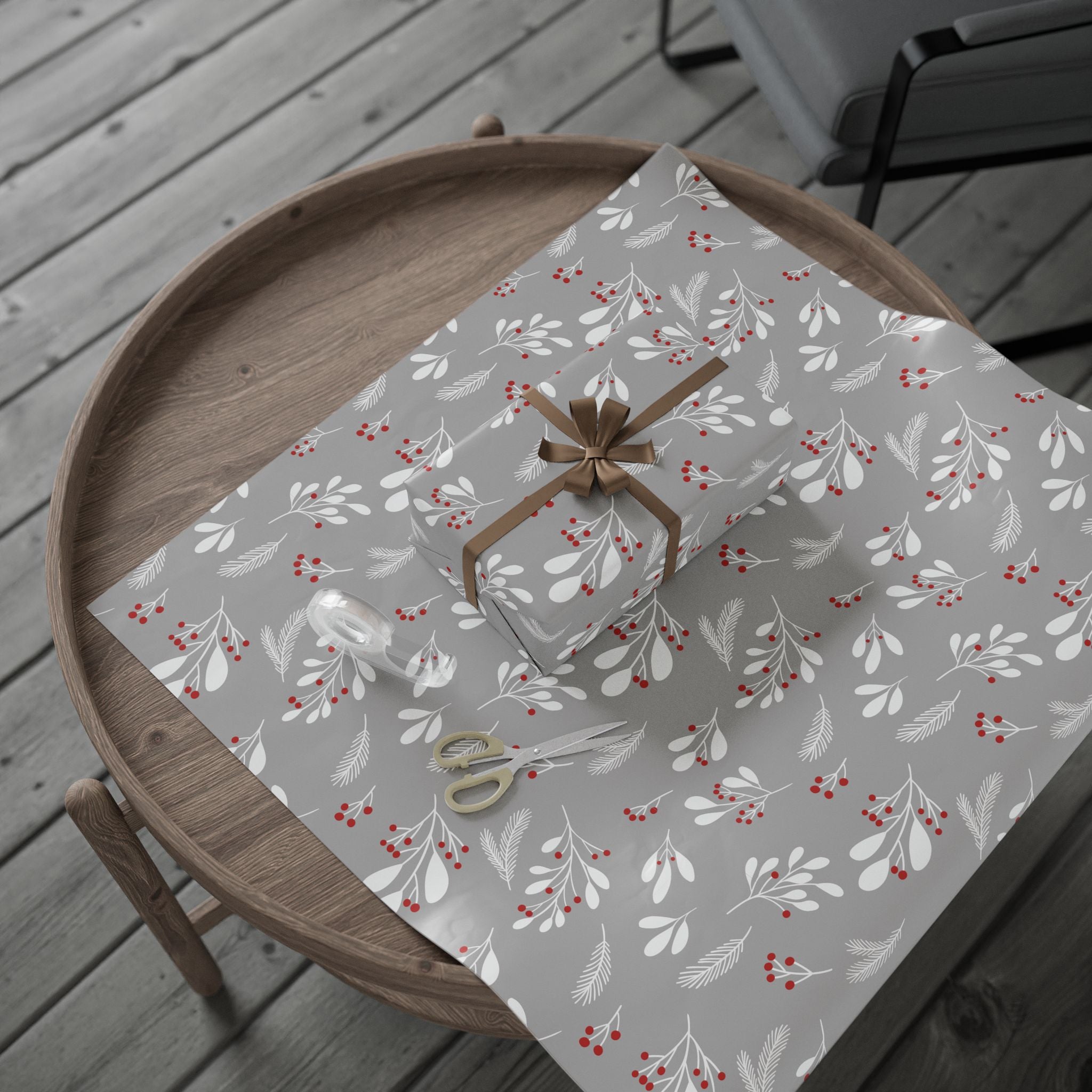 Holiday Gift Wrap:  Grey Holly Print