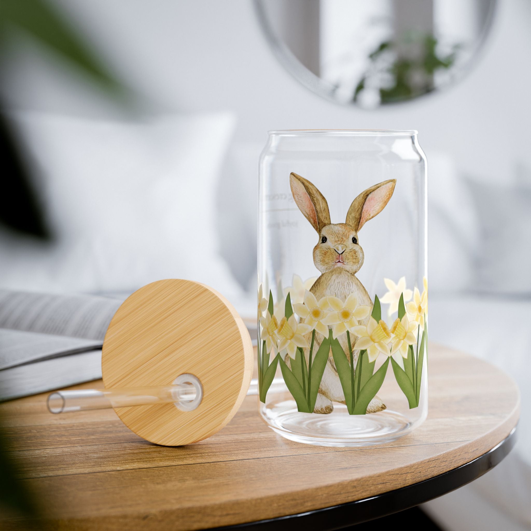 16oz Sipper Glass with Bamboo Lid & Straw [daffodil bunny]