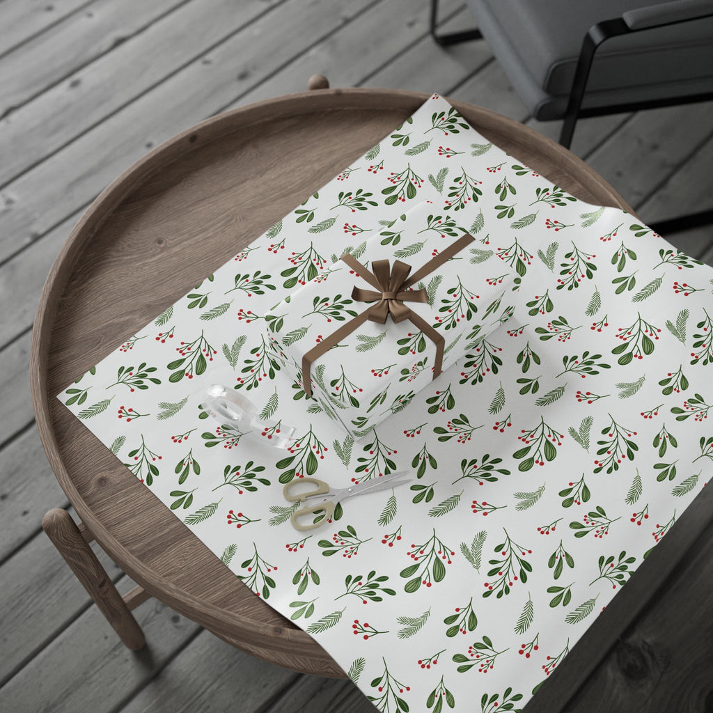 Holiday Gift Wrap:  Holly Print White